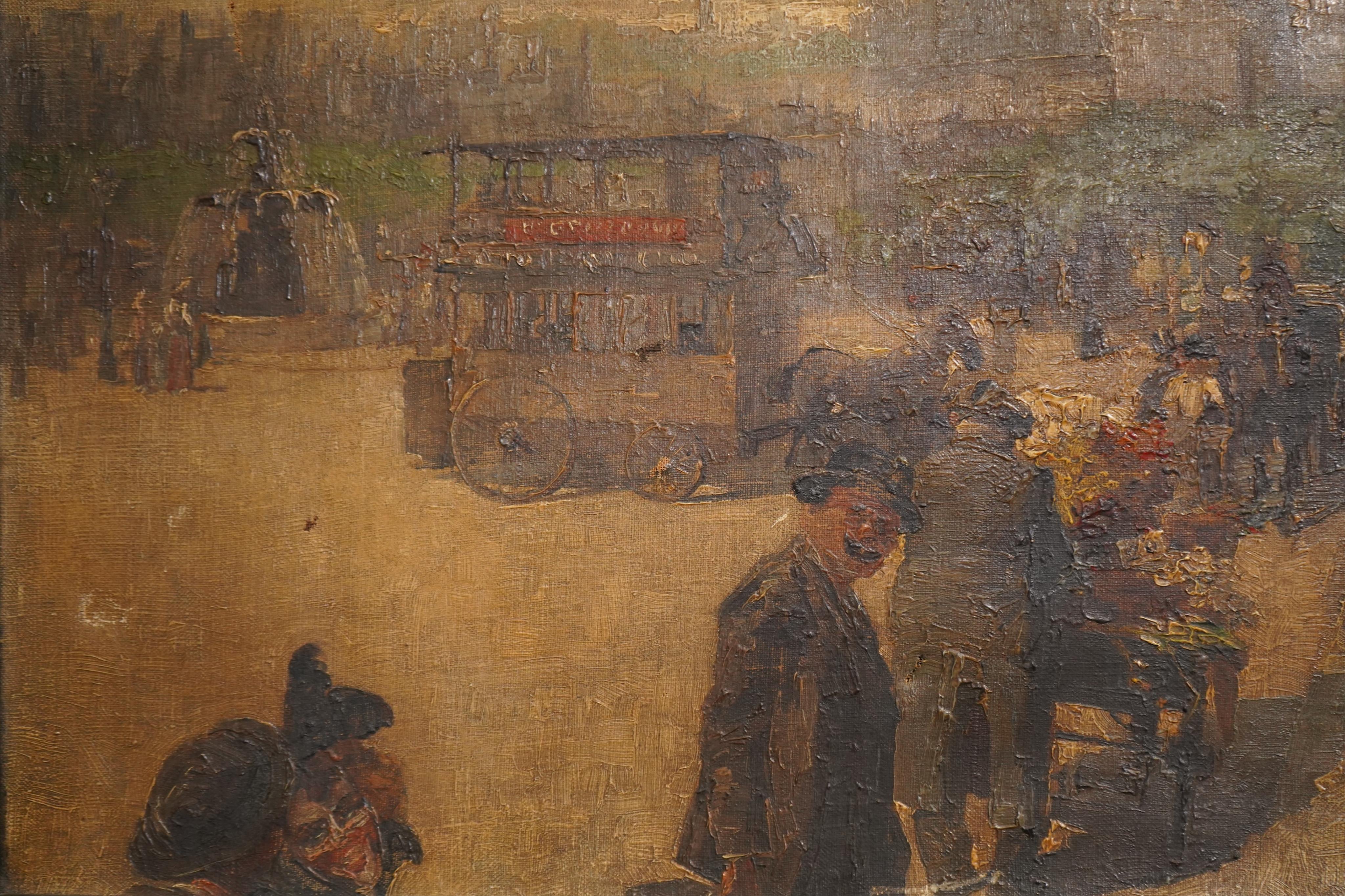 Impressionist School , Street scene with tram, fountain and triumphal arch, oil on canvas, 59 x 72cm